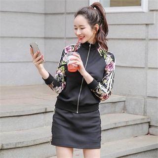 Set: Floral Print Stripe Jacket + Mini Skort