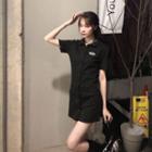 Embroider Button-up A-line Mini Dress Black - One Size