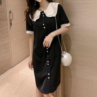 Elbow-sleeve Frill Trim Buttoned Dress
