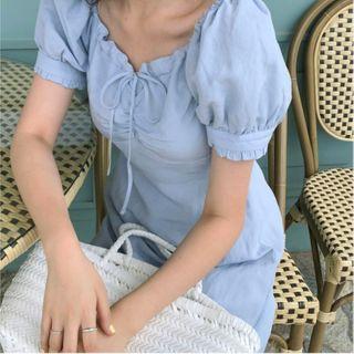 Puff Short-sleeve A-line Dress Blue - One Size