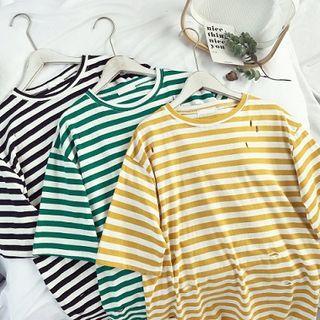 Color-block Striped Distressed Loose-fit Short-sleevetop
