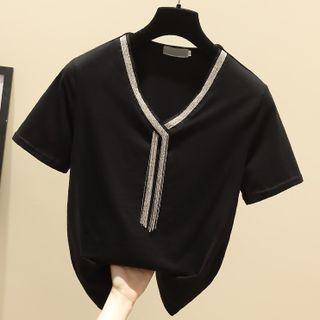 Short-sleeve Beaded Fringed Trim T-shirt