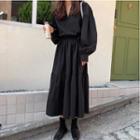 Lantern-sleeve Tie-waist Plain Dress Black - One Size