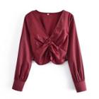 Long-sleeve V-neck Ruched Cropped Blouse