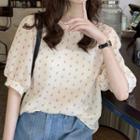 Puff-sleeve Floral Blouse Almond - One Size