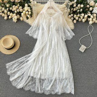 Set: Spaghetti-strap Lace Midi A-line Dress + Long Light Jacket