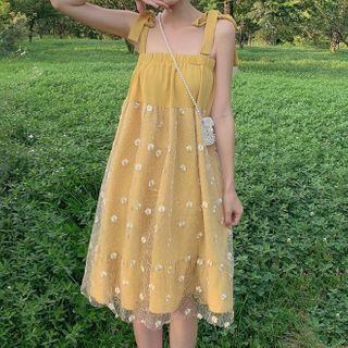 Tie-shoulder Floral Embroidered Mesh Dress