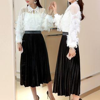 Set: Fray Trim Blouse + Midi Skirt