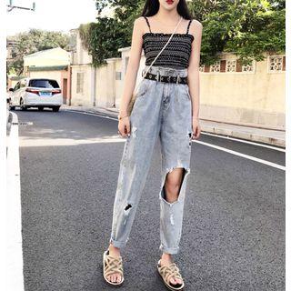 Dot Slim-fit Sleeveless Top / Distressed Loose-fit Jeans