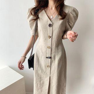 Puff-sleeve Button-up Midi Sheath Dress