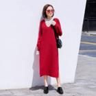 Set: Long-sleeve Lace Top + Long-sleeve Knit Midi Dress