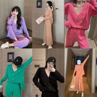 Set: Plain Loose-fit Cardigan + Crop Pants