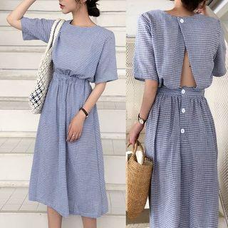 Key-hole Back Checked Dress