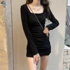 Square-neck Ruched Bodycon Long-sleeve Dress Black - One Size