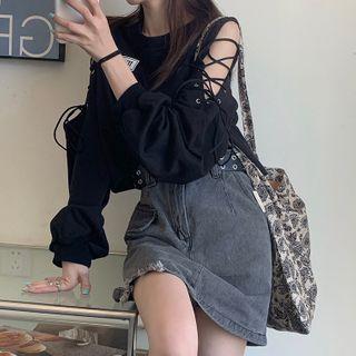 Lace-up Pullover / Mini A-line Denim Skirt
