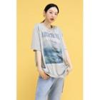 Printed Loose-fit Textured T-shirt Gray - One Size