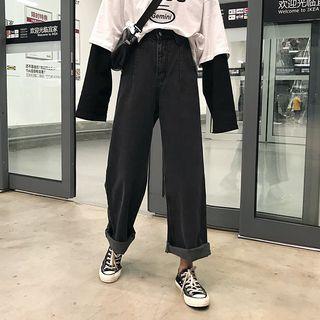 High-waist Plain Wide-leg Jeans