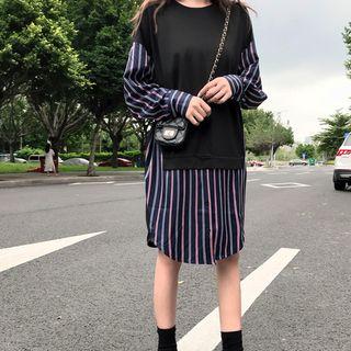 Striped Panel Long Sleeve Midi Dress Black - One Size