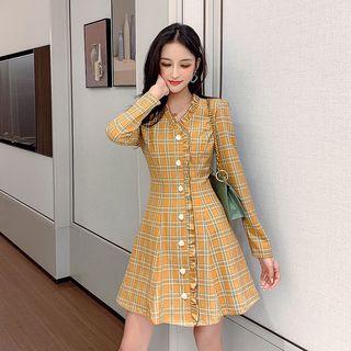 Long-sleeve Frill Trim Plaid Buttoned A-line Mini Dress