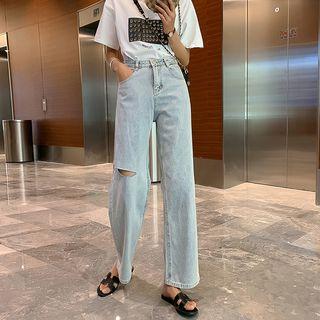 Ripped Washed Wide Leg Jeans