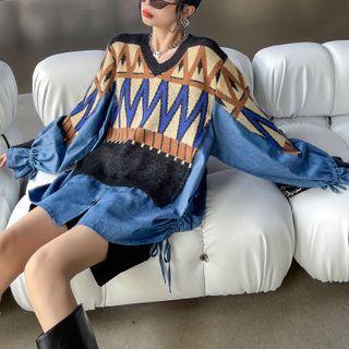 Knit Panel Drawstring Denim Top