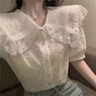Short-sleeve Eyelet Lace Buttoned Blouse As Shown In Figure - One Size