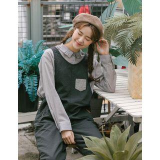 Pleated-collar Pintuck-trim Blouse Gray - One Size