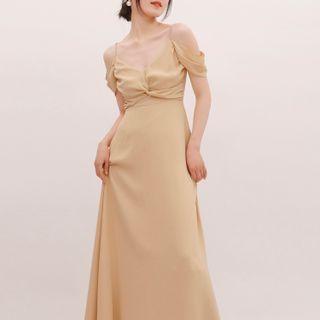 Off-shoulder Twist-front Midi A-line Dress