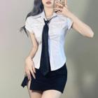Set: Short-sleeve Shirred Shirt + Neck Tie