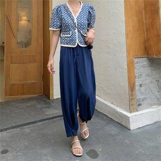 Set: Short-sleeve Floral Print Buttoned Jacket + Harem Pants