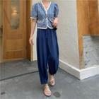 Set: Short-sleeve Floral Print Buttoned Jacket + Harem Pants