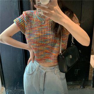 Short-sleeve Striped Knit Crop Top Red & Yellow & Green - One Size