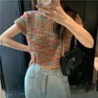 Short-sleeve Striped Knit Crop Top Red & Yellow & Green - One Size