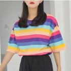 Striped Elbow-sleeve T-shirt Rainbow Block - One Size