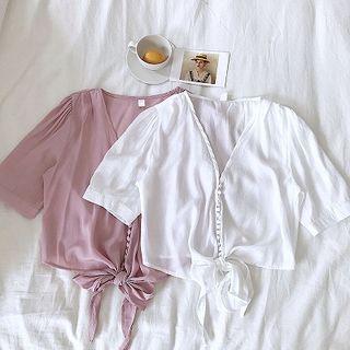 Plain Single-breasted V-neck Chiffon Blouse
