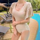 Open-back Lace Panel Short-sleeve Swimsuit
