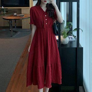 Ruffle Trim V-neck Short-sleeve Midi A-line Dress