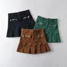 Zip-accent Denim Pleated Mini A-line Skirt