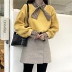 Long Sleeve Plain Pullover / Plaid A-line Skirt