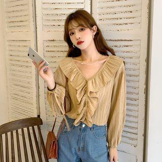 Deep-v Neck Ruffle Long-sleeve Top