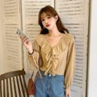 Deep-v Neck Ruffle Long-sleeve Top