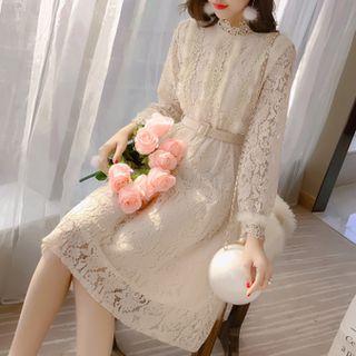 Furry Trim Long-sleeve A-line Lace Dress