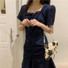 Square-neck Short-sleeve Drawstring A-line Dress