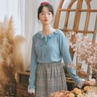 Ruffled Collar Lace Panel Long-sleeve Knit Top