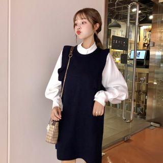 Ruffle Trim Sleeveless Knit Dress / Puff-sleeve Stand-collar Blouse