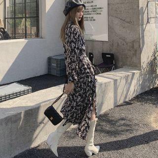Long-sleeve Flower Print Asymmetrical Midi A-line Dress