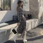 Long-sleeve Flower Print Asymmetrical Midi A-line Dress
