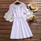 Floral Embroidered Short-sleeve Striped A-line Dress