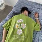 Elbow-sleeve Floral Printed T-shirt
