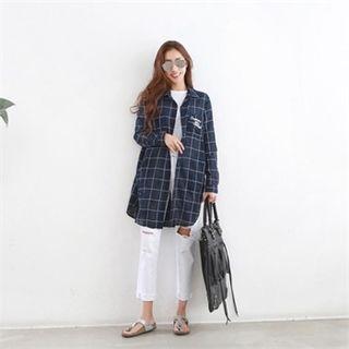 Long-sleeve Dual-pocket Lettering Check Shirtdress